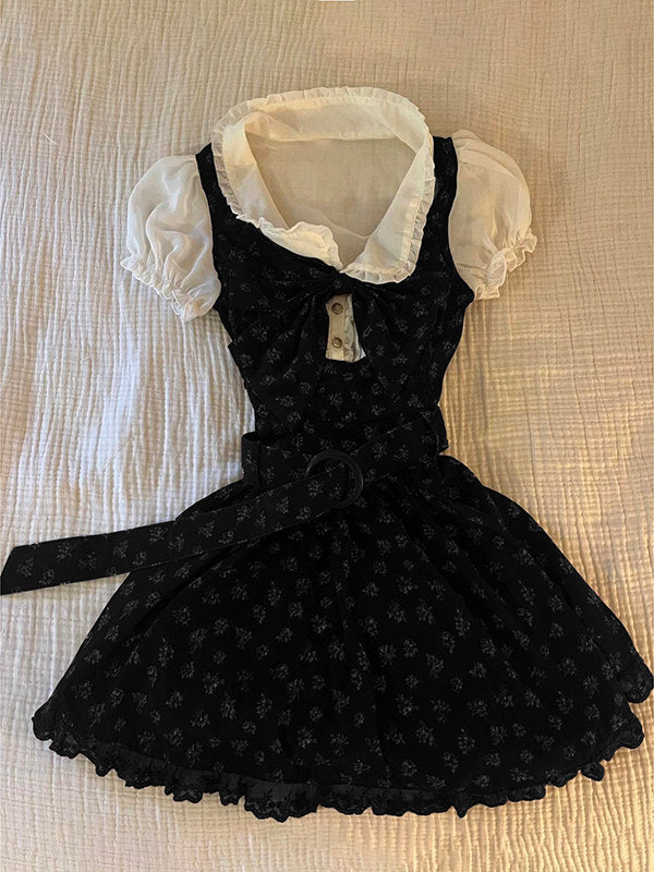 Floral doll collar shirt dress, black with floral print, puff sleeves, ruffled collar and belt