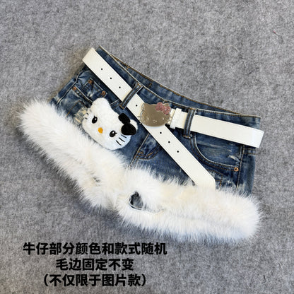 Dark blue denim shorts with white faux-fur trim and cat charm on belt