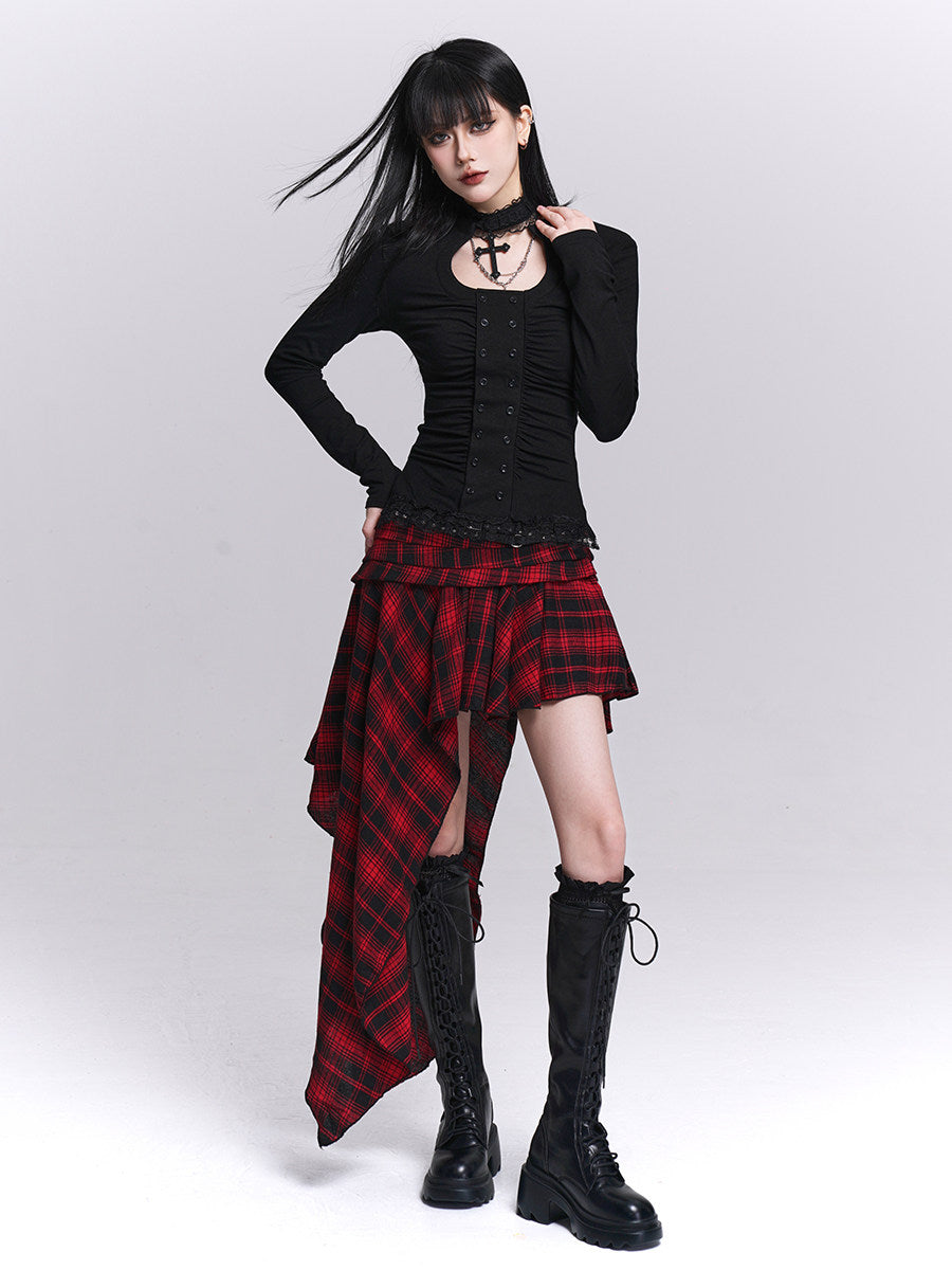 Black long-sleeved fitted top with ruched waist and button-front placket