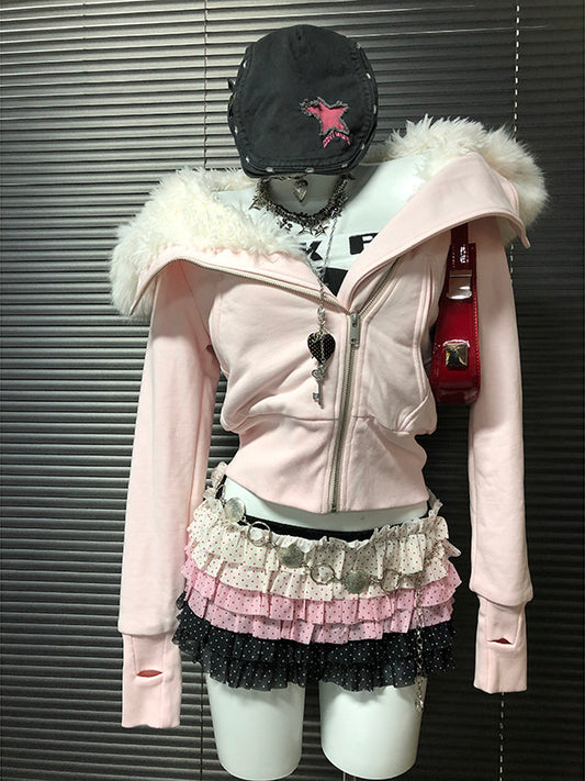Pink Fur Collar Hooded Sweatshirt