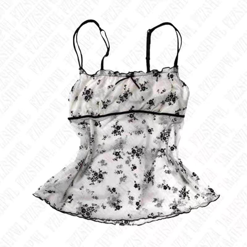 Floral camisole top, white with black floral print and ruffle hem