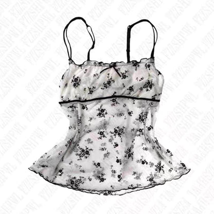 Floral camisole top, white with black floral print and ruffle hem