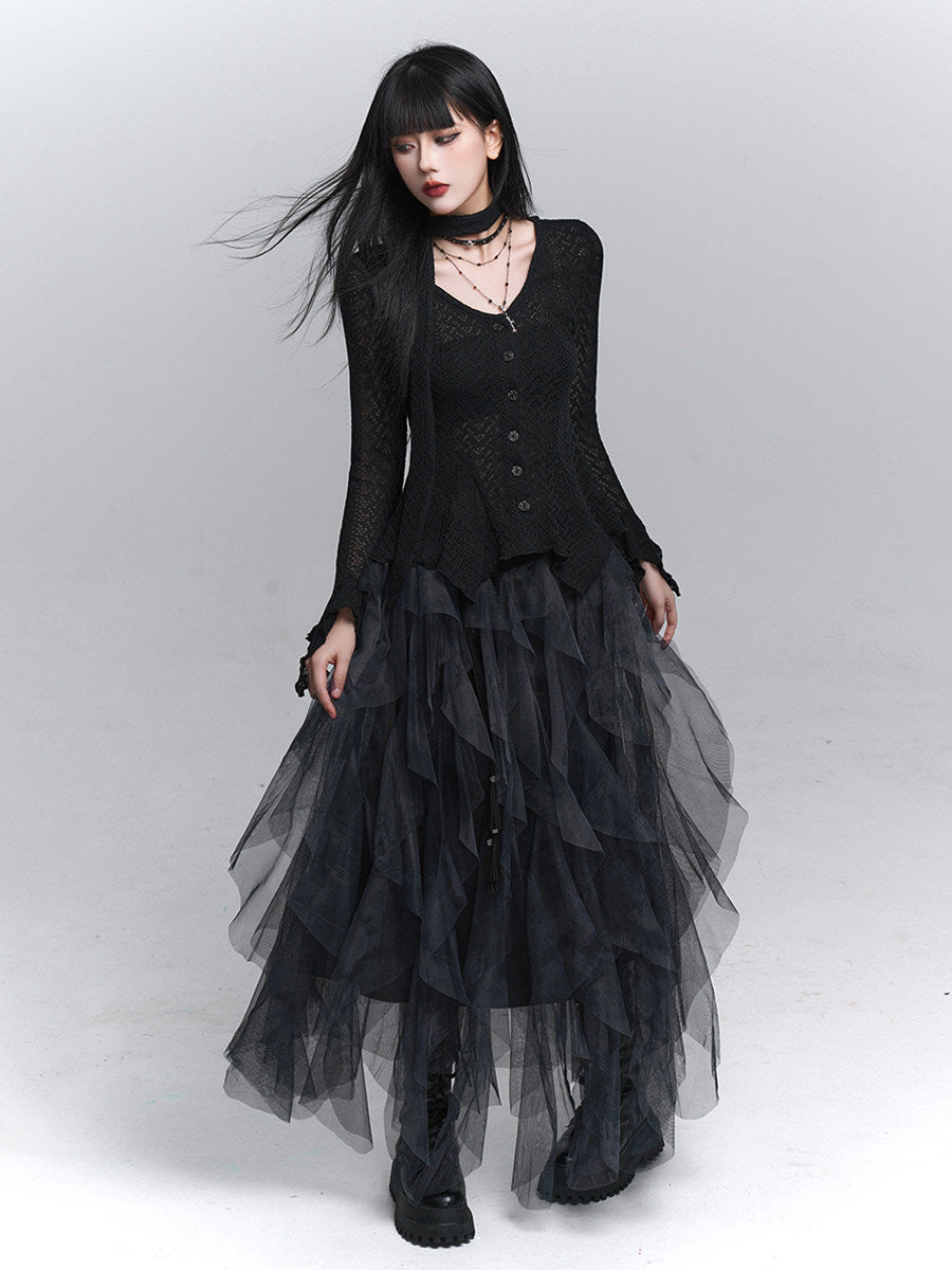 Black long-sleeve knit cardigan with button front and layered tulle hem