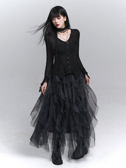 Black long-sleeve knit cardigan with button front and layered tulle hem