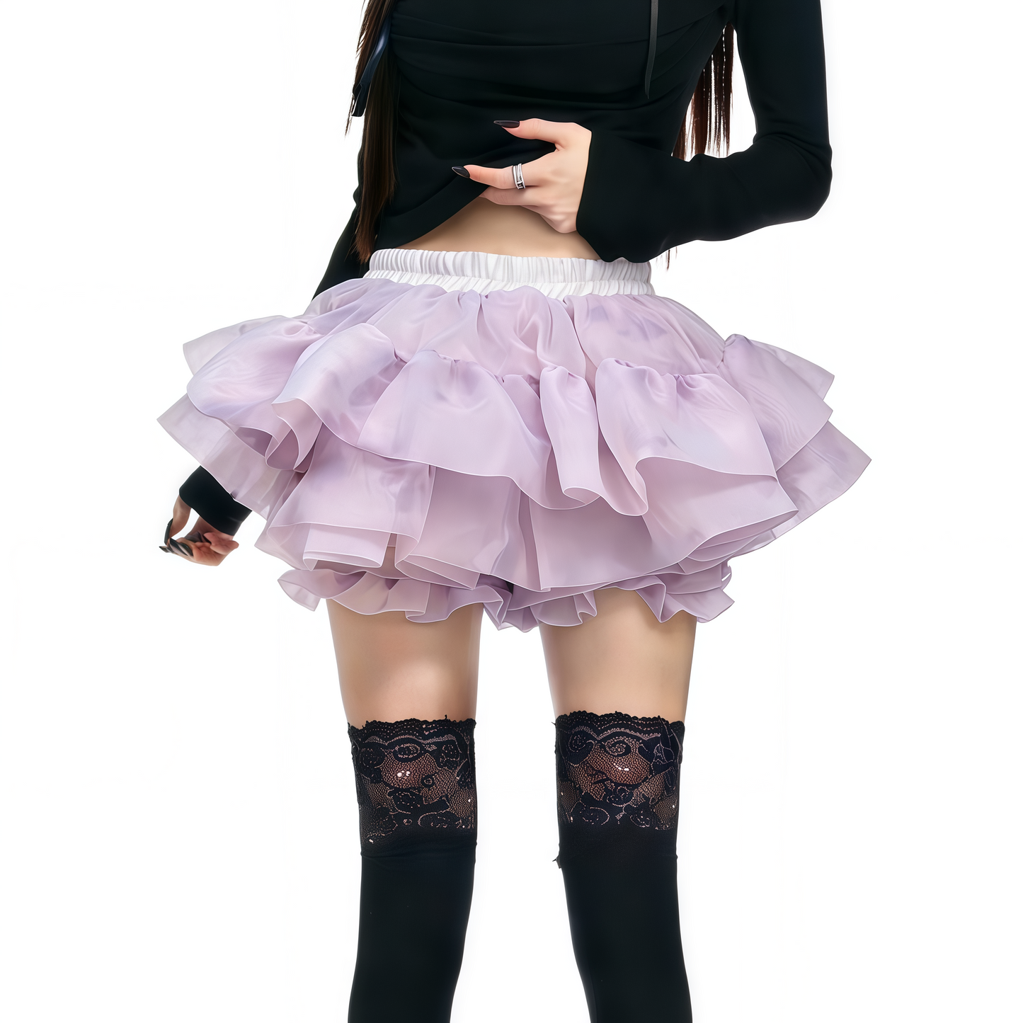 Lilac layered tulle mini skirt with elastic waist and black lace thigh-high stockings