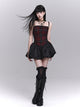 Red and black checkered corset dress with black puffy skirt and thin straps