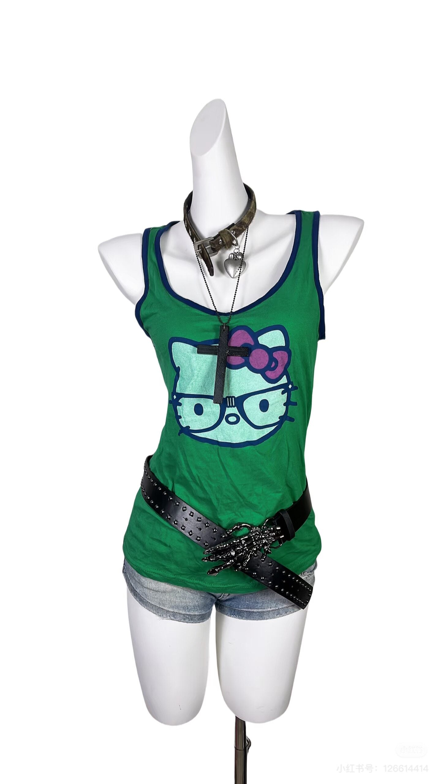 Hello Kitty print camisole tank top, green with striped trim and cat-face graphic