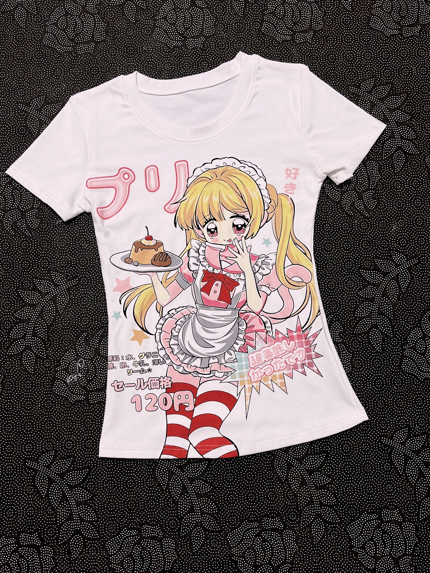 White graphic T-shirt with blonde anime girl posing and striped leg details