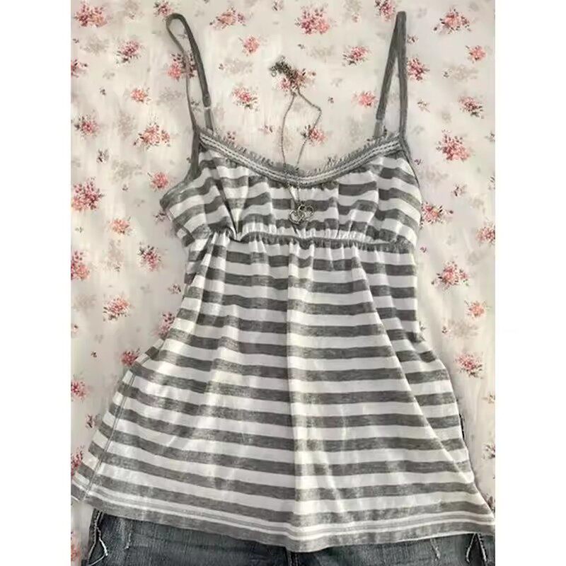 Striped cami babydoll top with ruffled neckline and adjustable spaghetti straps