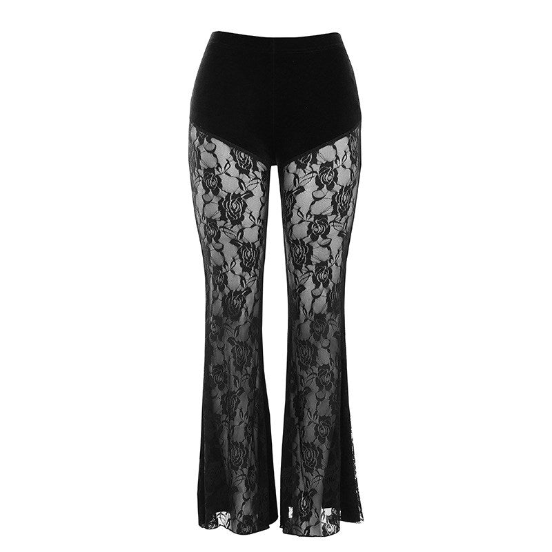 Black flare pants with floral lace sheer sides and smooth high waistband