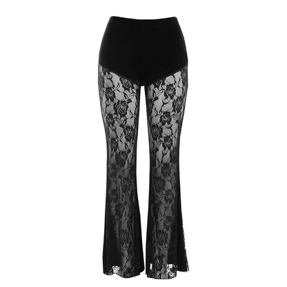 Black flare pants with floral lace sheer sides and smooth high waistband