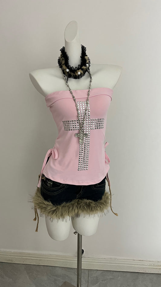 Rhinestone Cross Pink Strapless