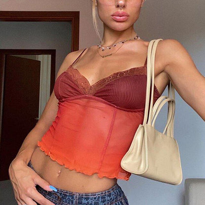Rust red ruched corset crop top with lace sweetheart neckline and thin straps