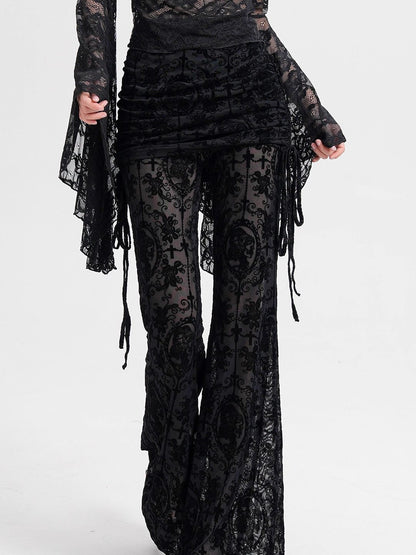 Black mesh flocked culottes with ornate print panels and side fringe ties