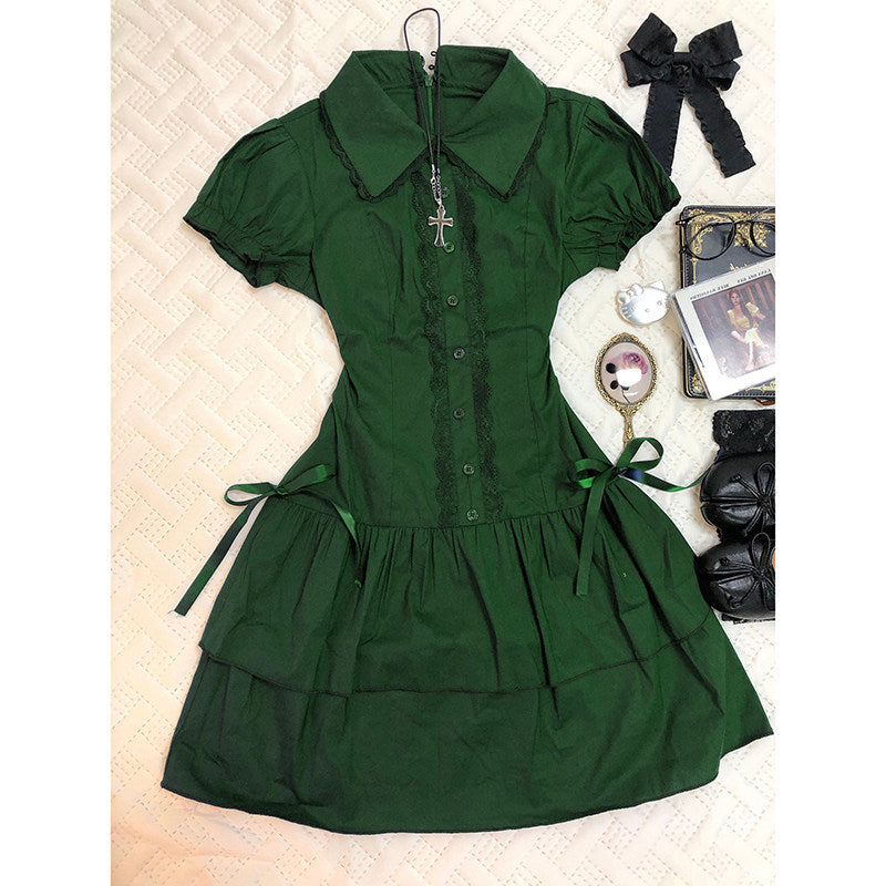 Green lace patchwork dress with puff sleeves, button placket, and waist ribbon ties.