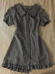 Plaid midi dress with doll collar, button front, short puff sleeves, and ruffled hem
