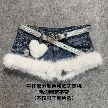 Dark blue denim shorts with white faux-fur trim and glitter belt with cat plush