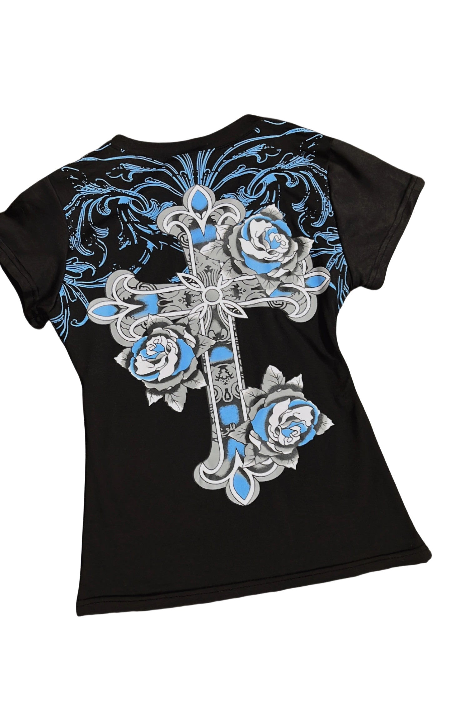 Black T-shirt back with blue-gray roses and cross centerpiece with filigree