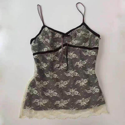 Sheer floral babydoll camisole, dark gray with light lace pattern and ruffle hem