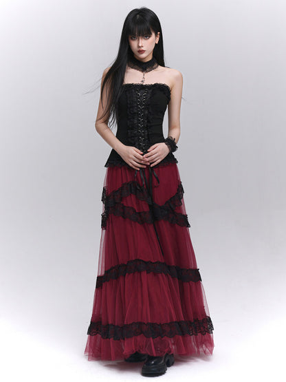 Burgundy tiered gauze maxi skirt with black lace bands and layered tulle ruffles