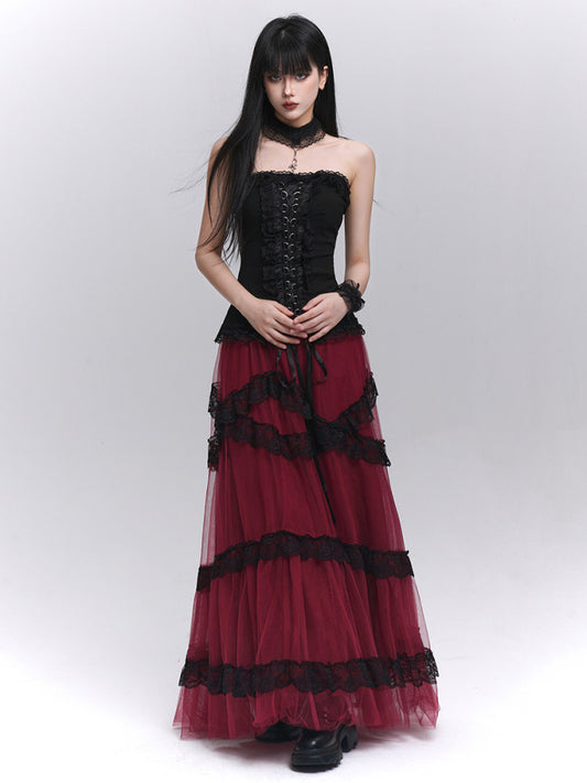 Burgundy Layered Gauze Maxi Skirt