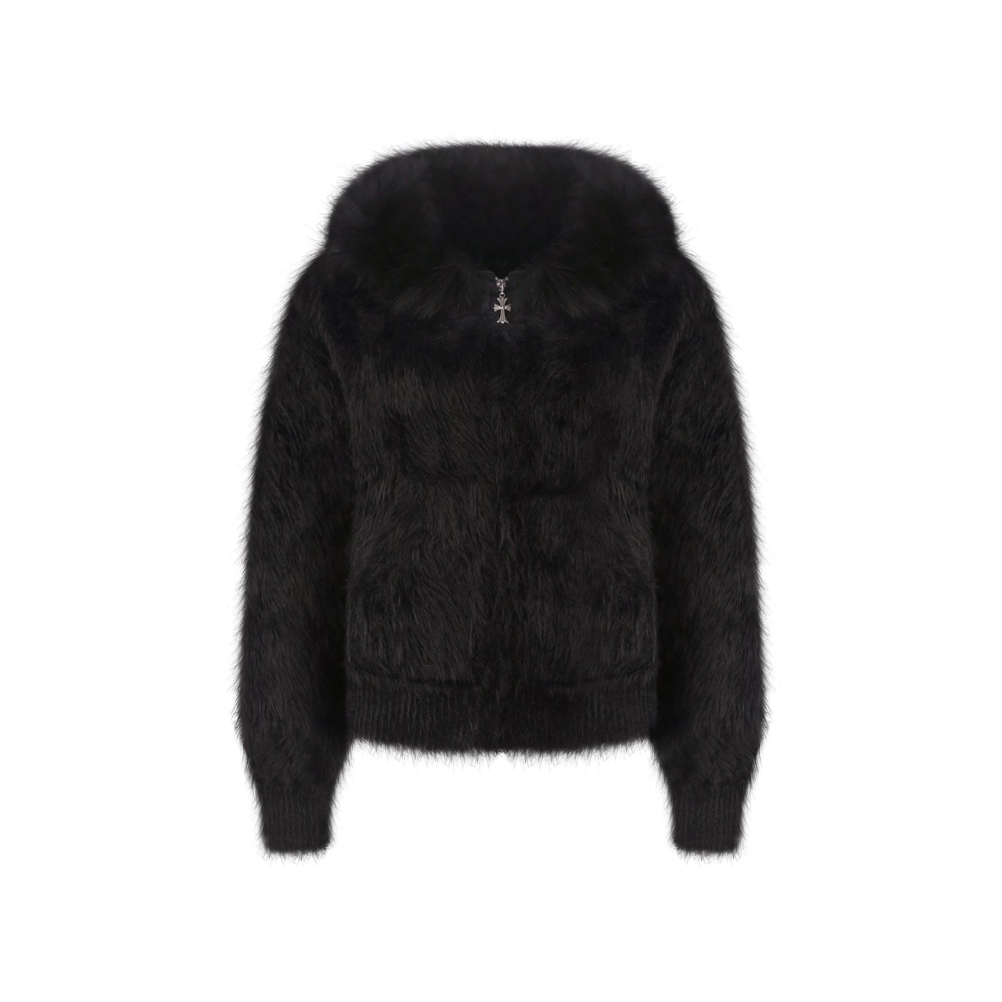 Black faux fur hooded jacket with cropped length