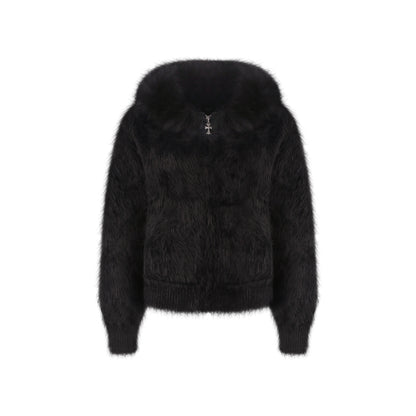 Black faux fur hooded jacket with cropped length