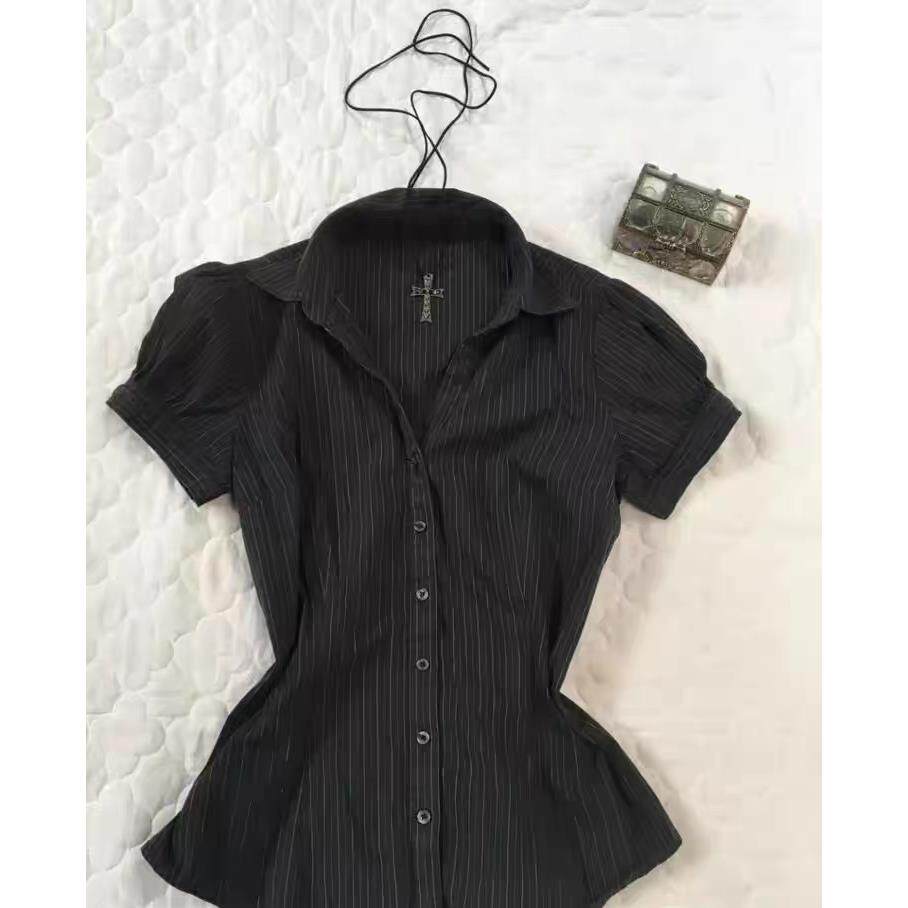 Pinstripe short-sleeve button dress, black with collared top and peplum hem