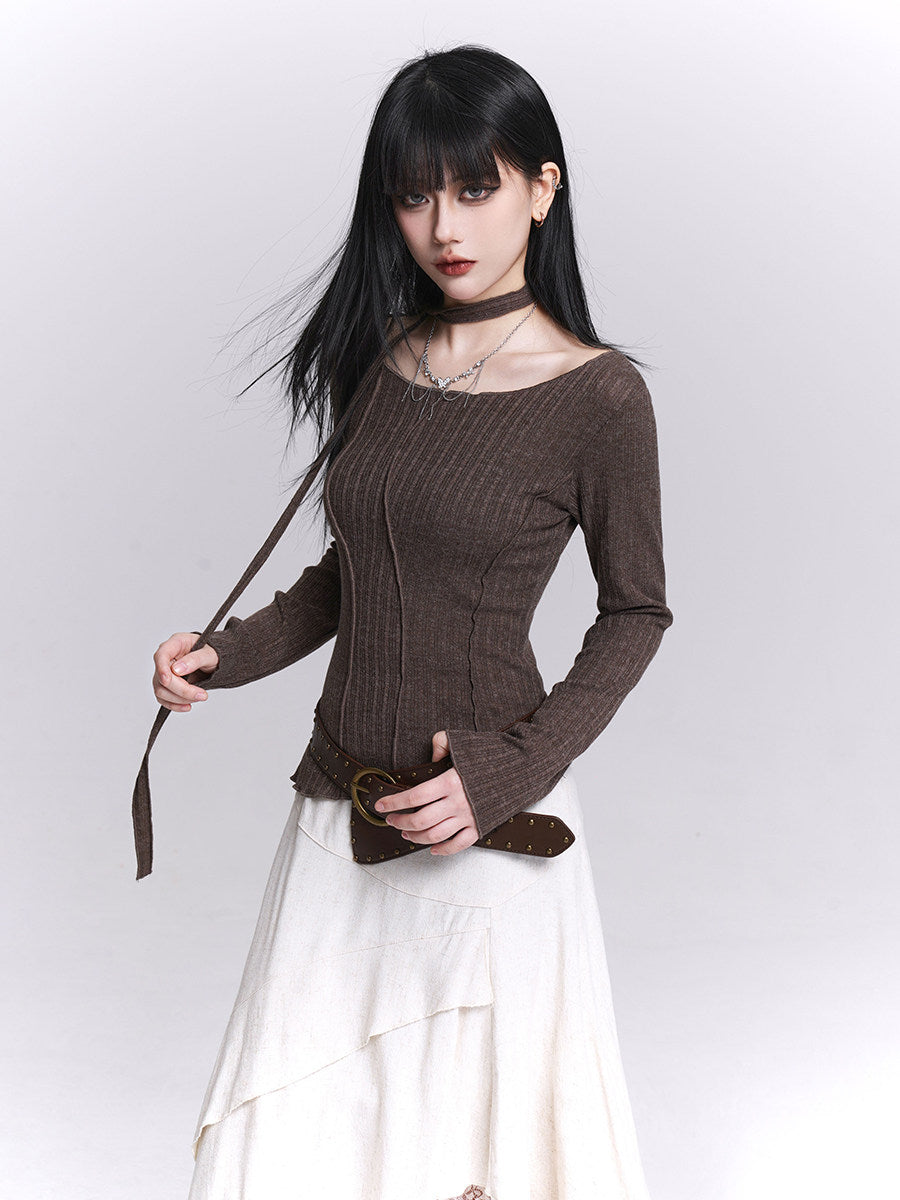 Brown slim long-sleeve fitted inner top with round neckline and vertical seam details
