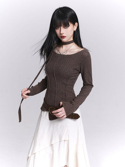Brown slim long-sleeve fitted inner top with round neckline and vertical seam details