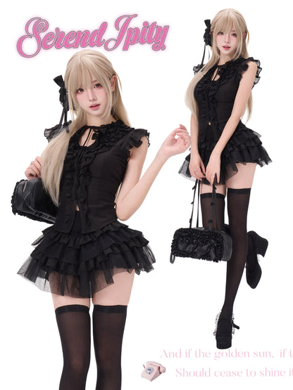 Black gothic tulle top and cake skirt set, front ruffles and short layered skirt