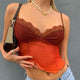 Red lace corset crop top with V neckline and thin adjustable shoulder straps