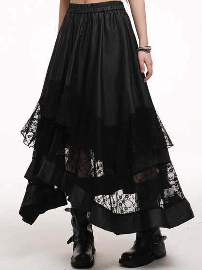 Black irregular tiered maxi skirt with elastic waistband and scalloped lace hem