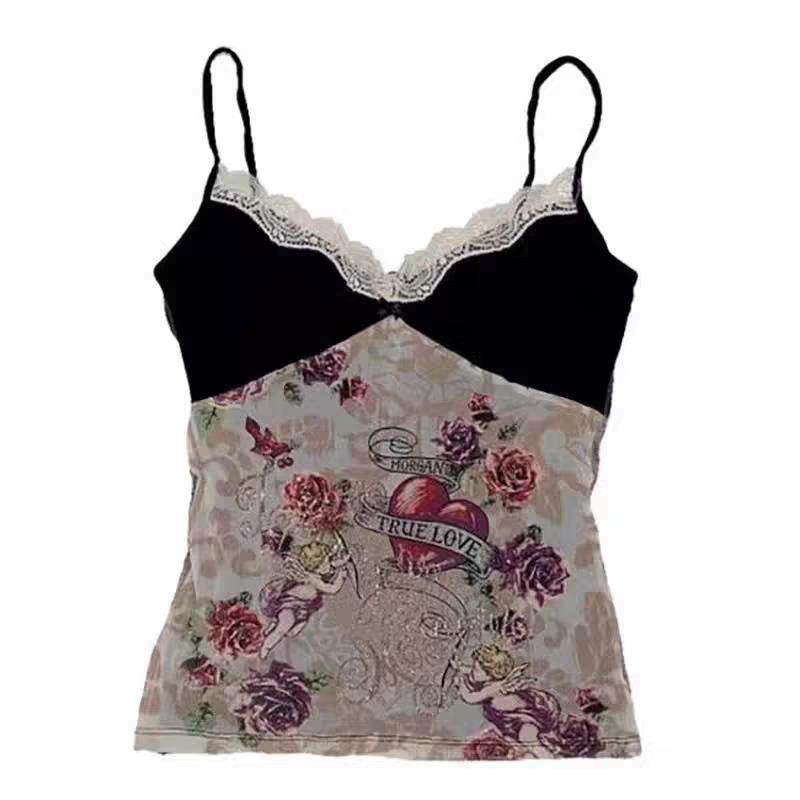 Lace-trim camisole with black straps and floral print front panel