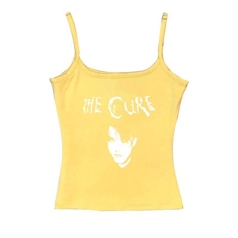 Yellow sleeveless graphic cami with centered The Cure logo and face print