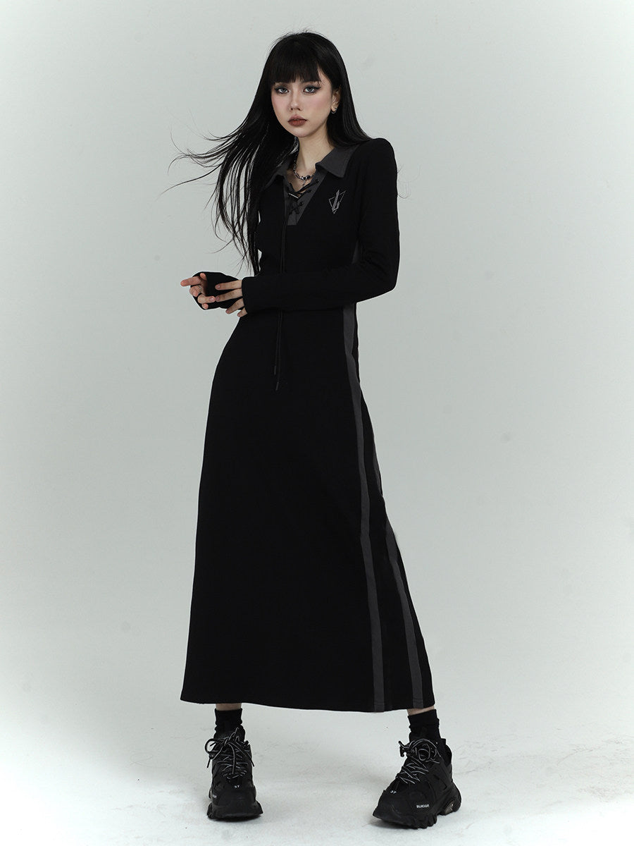 Black Long Sleeve Polo Maxi Dress