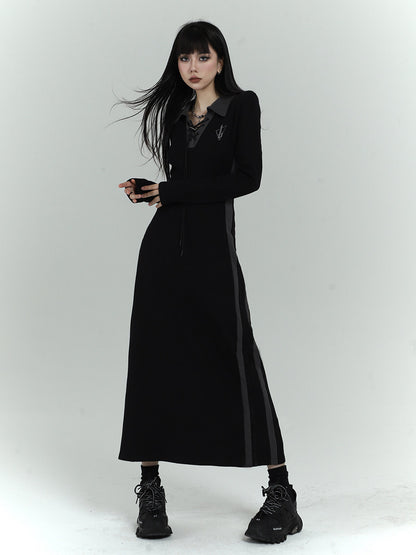 Black Long Sleeve Polo Maxi Dress