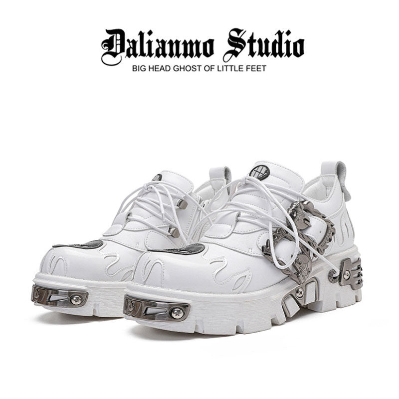 White lace-up platform shoes with chunky sole and silver buckle straps