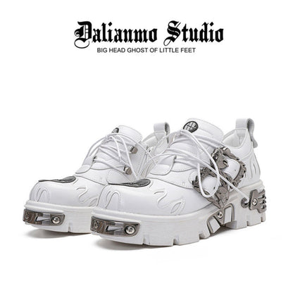 White lace-up platform shoes with chunky sole and silver buckle straps