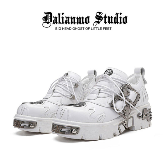 White lace-up platform shoes with chunky sole and silver buckle straps