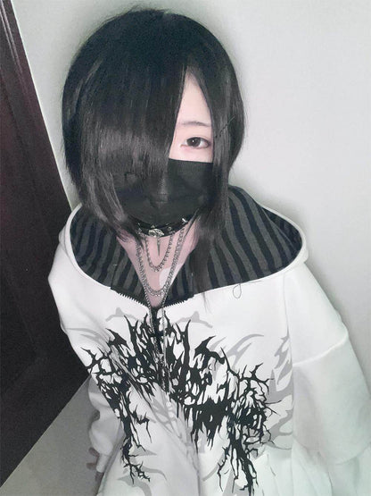 White hooded zip-up sweatshirt with black tattoo-style graphic and striped hood lining