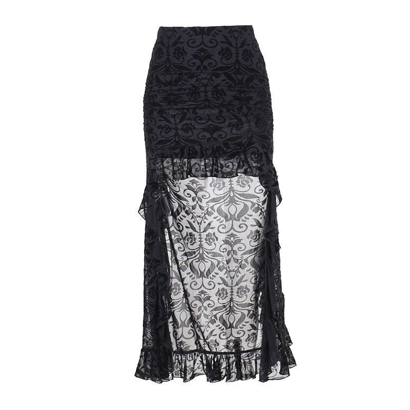 Black damask maxi skirt with sheer side panels and tiered ruffle hem