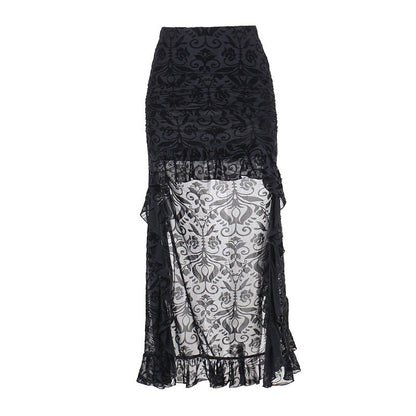 Black damask maxi skirt with sheer side panels and tiered ruffle hem
