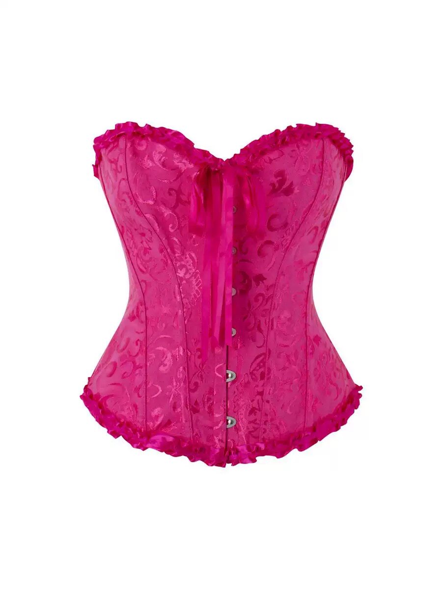 Bright pink brocade corset with sweetheart neckline, front buttons and ruffled edges.