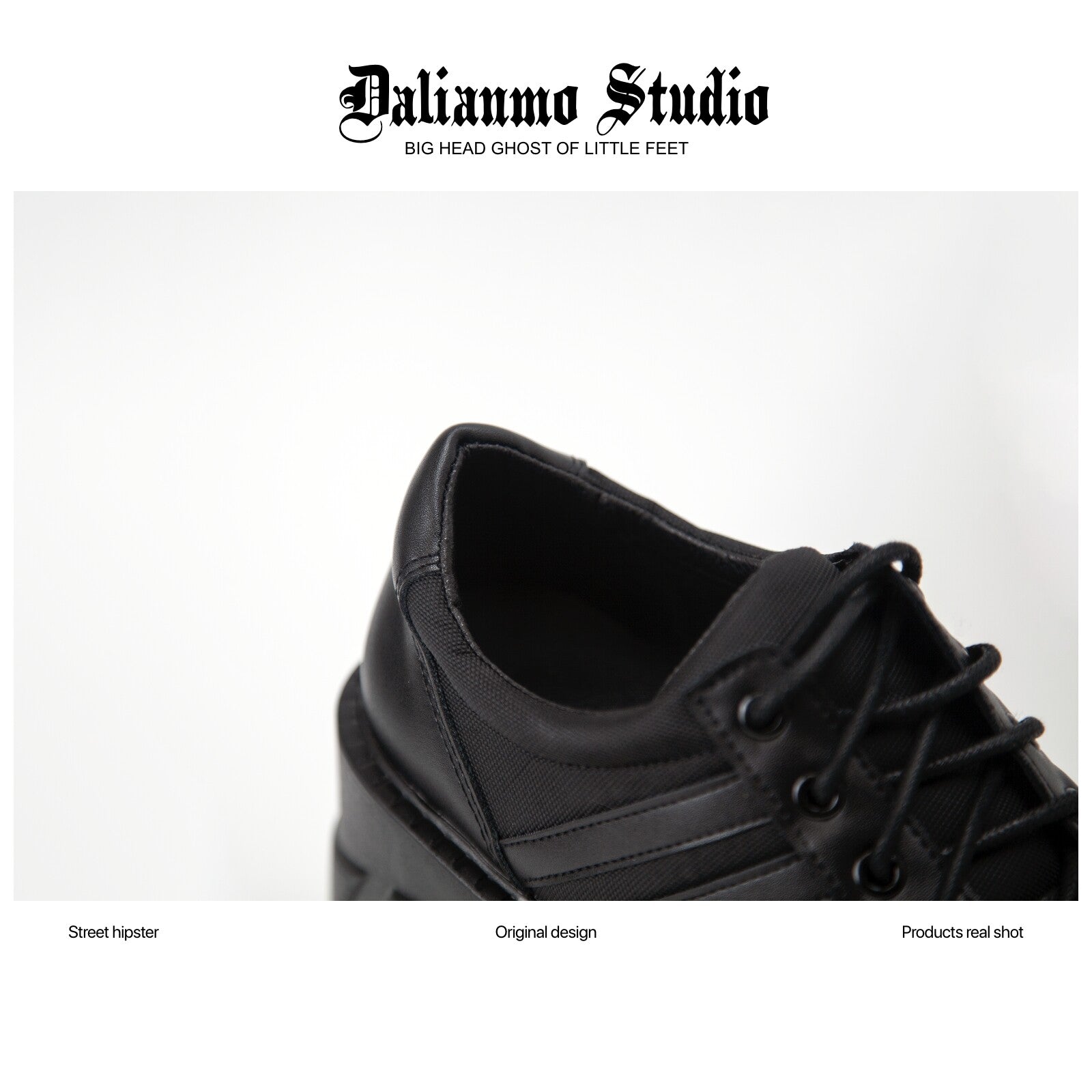 Black lace-up platform sneaker close-up with eyelets, striped panel, and thick sole