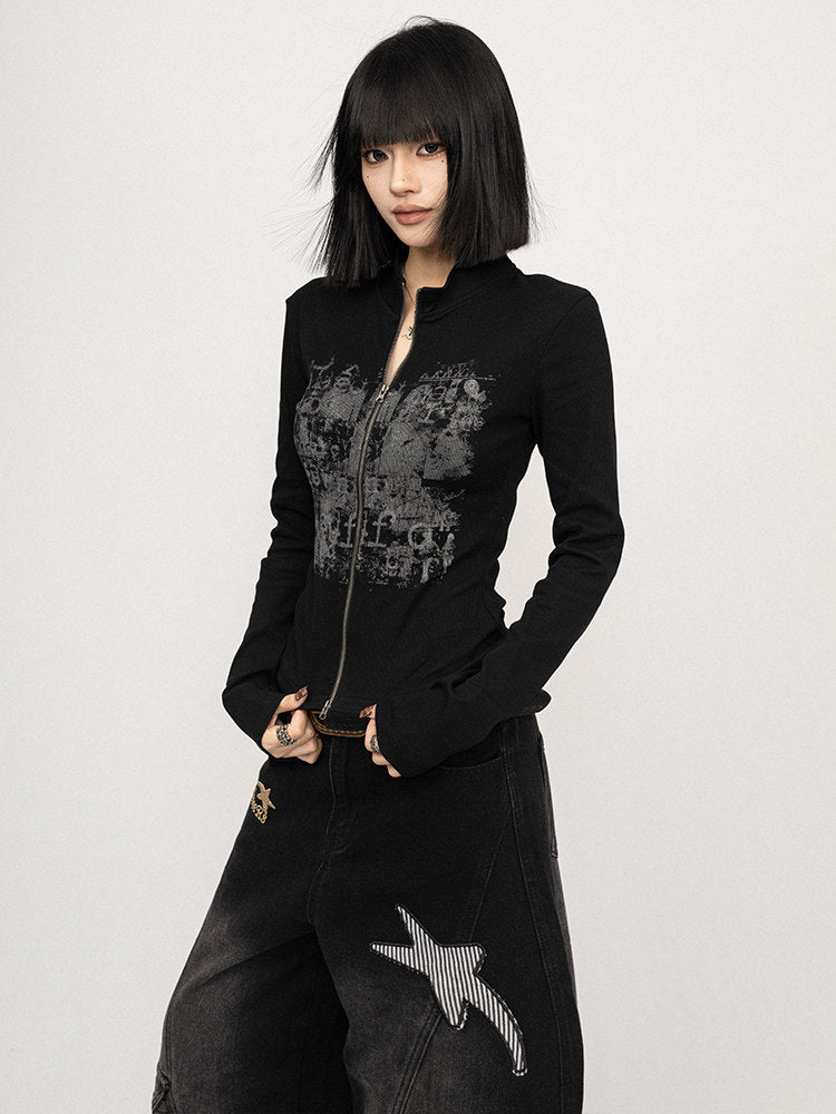 Black zip-up long-sleeve jacket with gray graffiti print panel and front zipper
