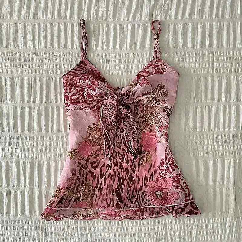 Pink floral ruched tank top with bow at scoop neckline and thin straps