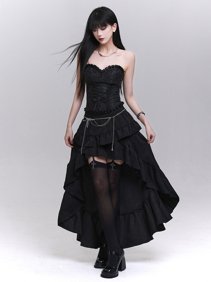 Black irregular layered mini skirt with asym ruffle hem and sheer inset panels