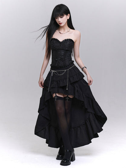 Black irregular layered mini skirt with asym ruffle hem and sheer inset panels