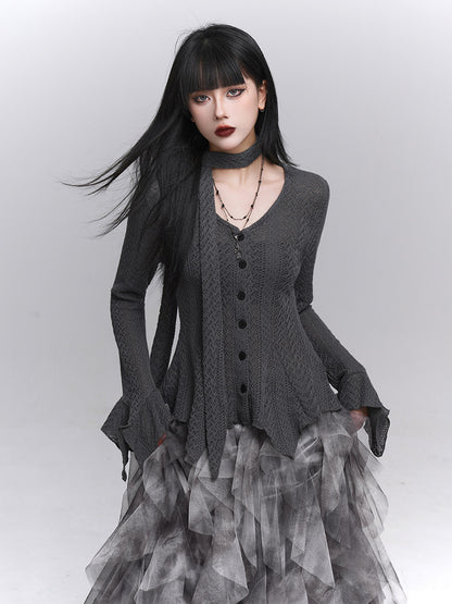 Black long-sleeve knit cardigan with button front and ruffled peplum hem